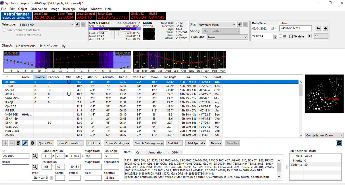 The Astroplanner screen showing the highest priority targets on 2nd April 22